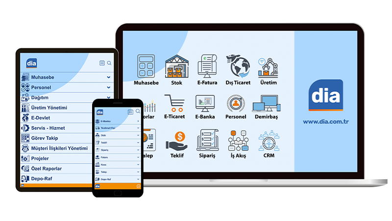 DİA bulut ERP modüllerinin masaüstü, tablet ve mobil görünümü