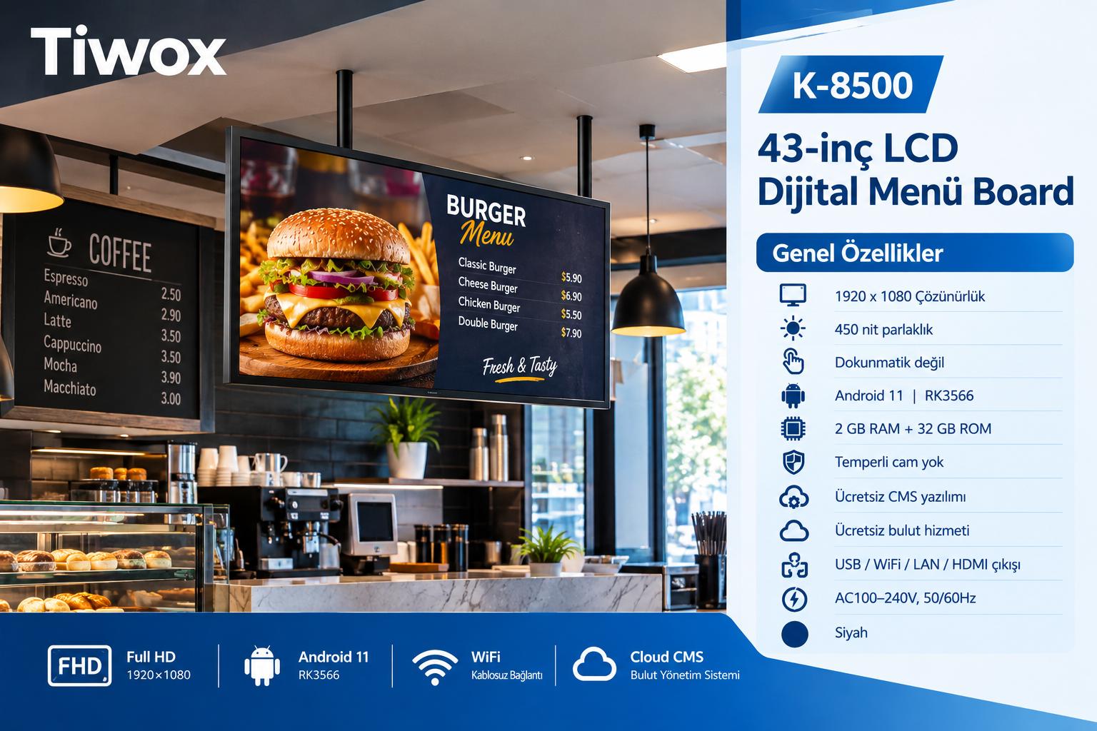 Tiwox K-8500 restoran dijital menu board ekranı